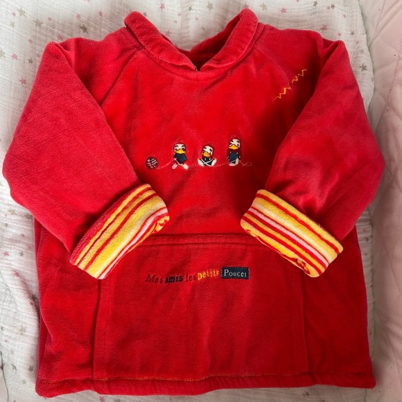 🐣 24M Red Velour Chunky Sweater Embroidered Ducks Collar Pocket Long Sleeve - Picture 2 of 13